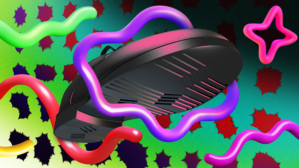 A shoe flies through plastic bits, and a background with holes