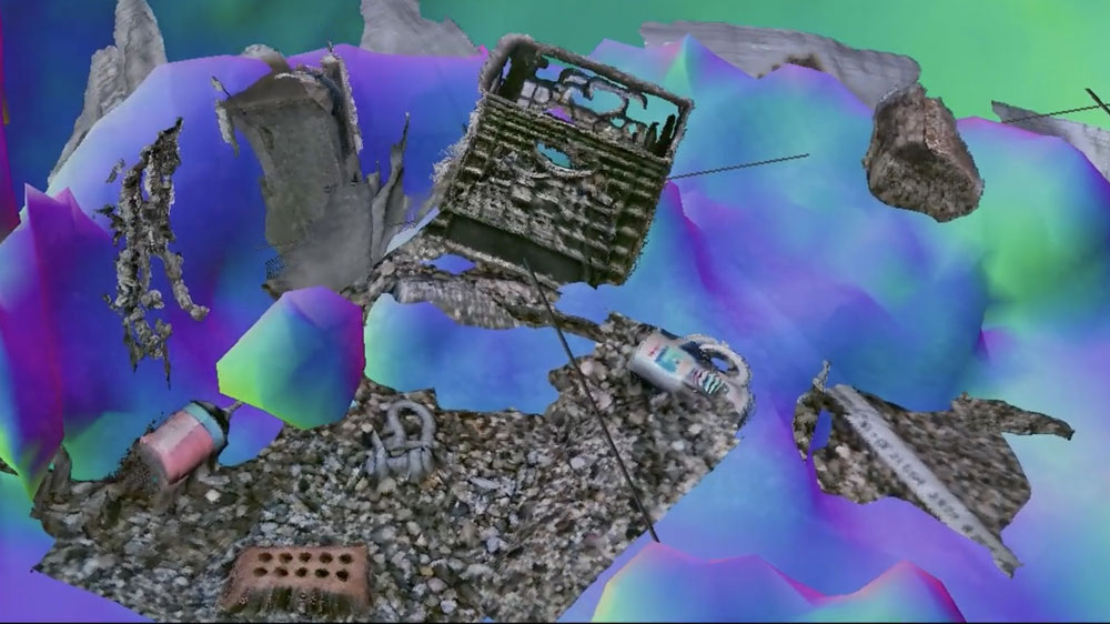 Unique view showing an underwater scene where certain objects, like a brick and milk crate, can be seen, while other areas are colorful undulations.