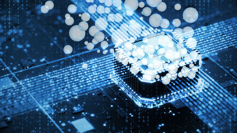 A computer processor chip with bubbles rising from it