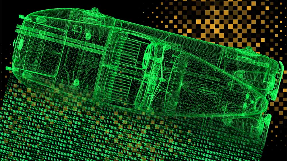 A car is being rendered by a cloud of binary code