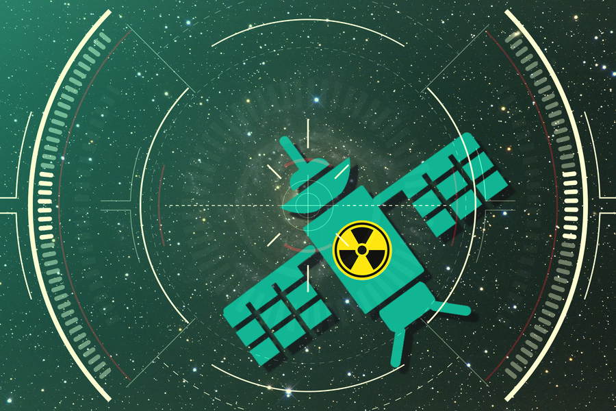 Satellite with “nuclear” symbol being targeted