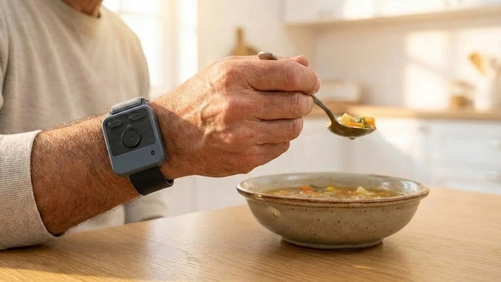 Man wears anti-tremor wristband while eating