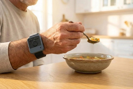 a man wearing an Encora device while eating soup