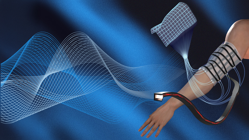 An arm wears a unique device like a sleeve connected to wires