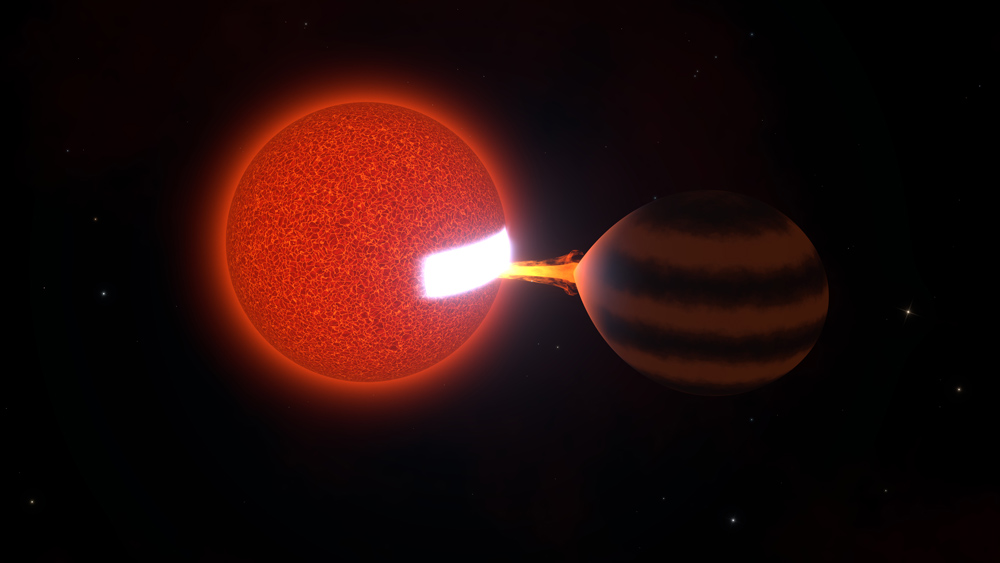 A steady stream of energy from a brown sphere is absorbed by a red sphere.