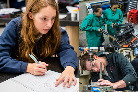 Students engaged in math and in a maker space
