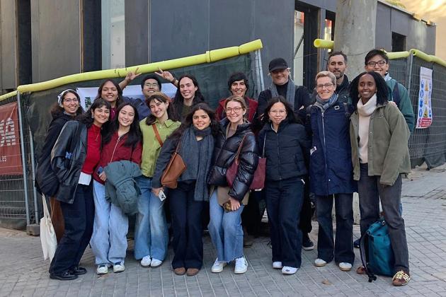Kate Brown (front row, second from left), the Thomas M. Siebel Distinguished Professor in the History of Science, stands with her MISTI Global Classroom in Barcelona, Spain.