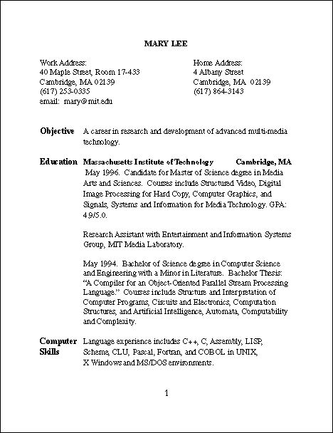 Resume of Mary Lee, page 1