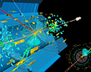 A candidate event display for the production of a Higgs boson decaying to two b-quarks (blue cones), in association with a W boson decaying to a muon (red) and a neutrino.