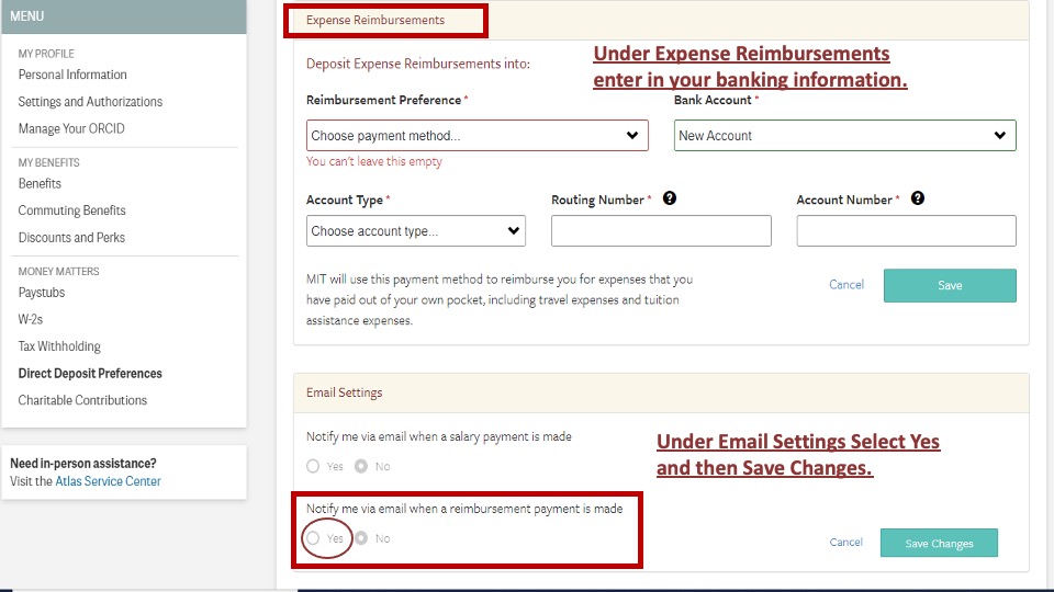 Expense Reimbursements Banking Info and Email Setting Screenshot