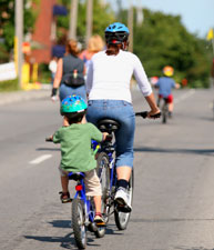 Mother and child biking