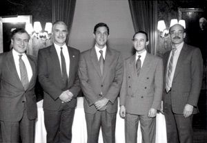 Signing Ceremony, Province of Mendosa, Argentina, 1994. (l to r): Fred Moavenzadeh, Director MIT TDP, Armando Bertranou, Rector, National University of Cuyo, Rodolfo Frederico Gabrielli, Governor of Mendosa, Mark S. Wrighton, MIT Provost, Raphael Bras, Department Head, MIT Civil Engineering.