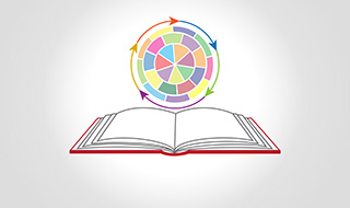 Inclusive teaching image of an open book with a colored wheel above