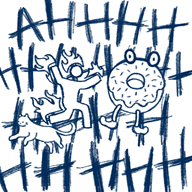 A drawing of a person and a donut running through bars
Description automatically generated