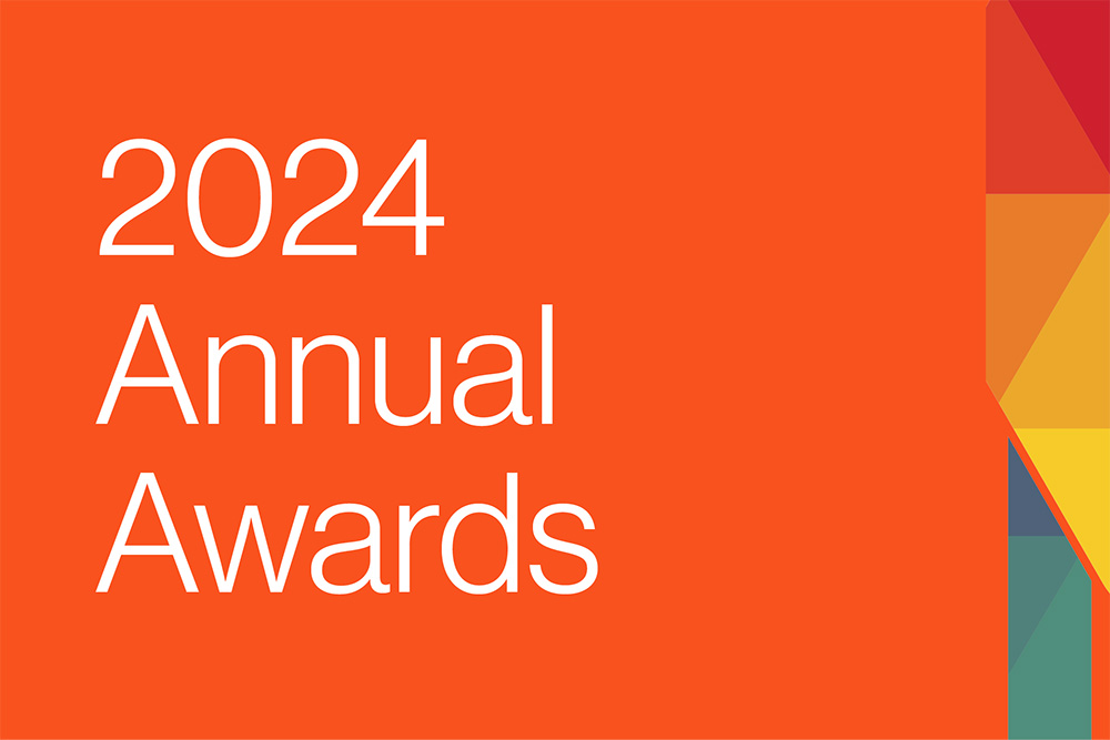 Orange background with multi-color graphic shpes in a column on right-hand edge and white text to the left — 2024 Anual Awards