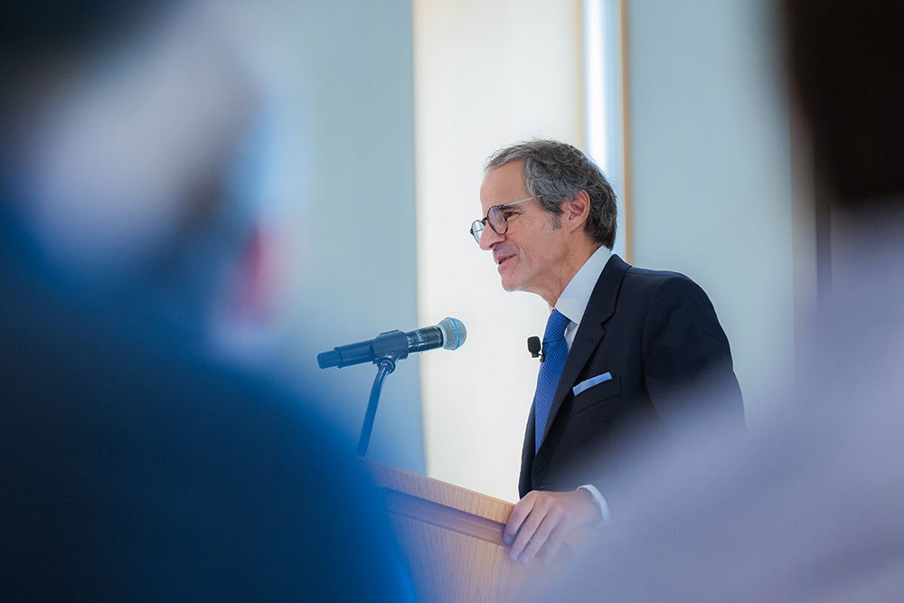 Rafael Mariano Grossi, IAEA photographed at a podium speaking