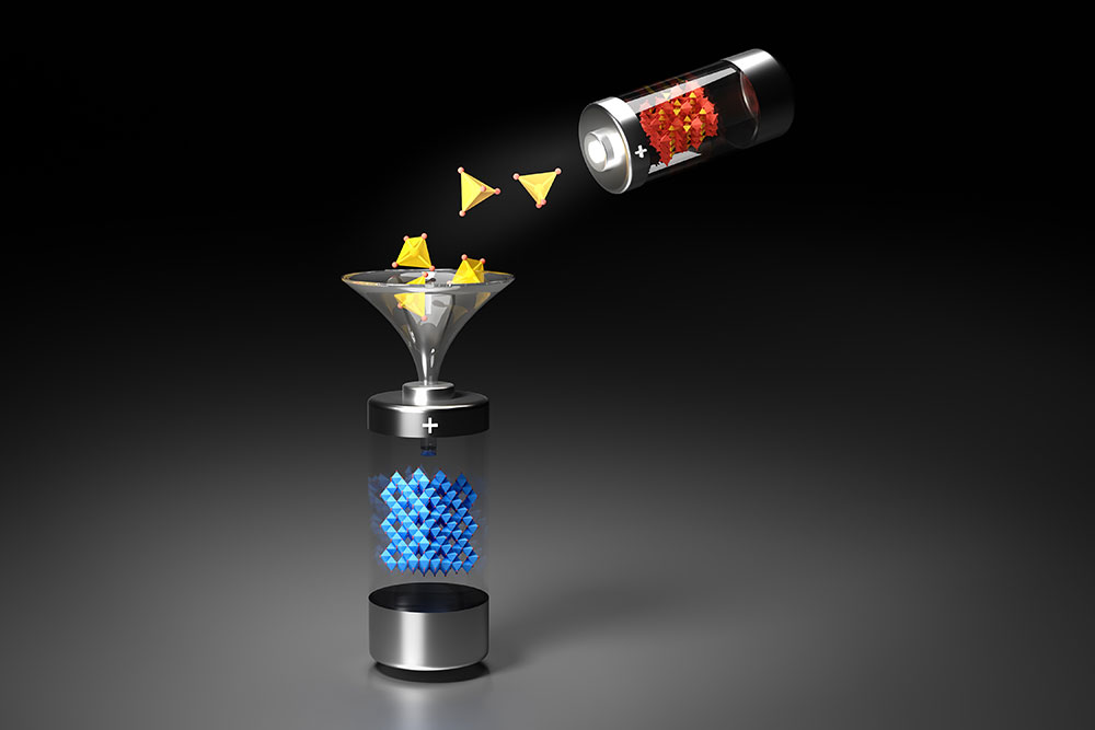 A transparent cylinder with metal end caps contains a matrix of interconnected blue polygons. At its top, a funnel collects yellow polygons poured from another transparent cylinder containing interconnected red and yellow polygons.