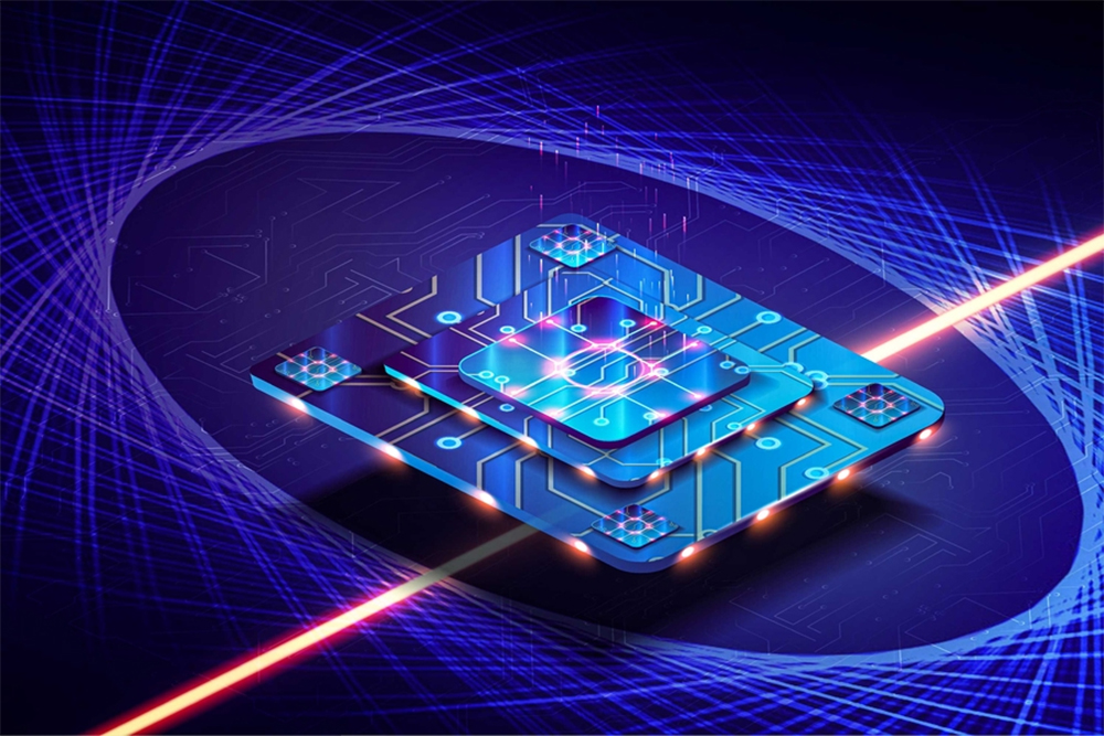 Futuristic computer chip shot through by a laser