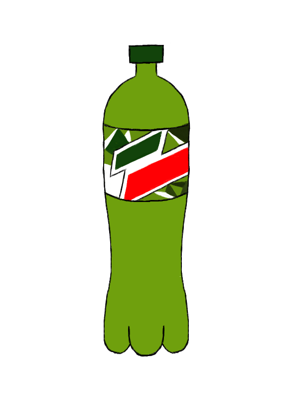 A tall green bottle with a green cap. The paper wrapped around it has green and white triangles in the background and green and red parallelograms in the foreground.