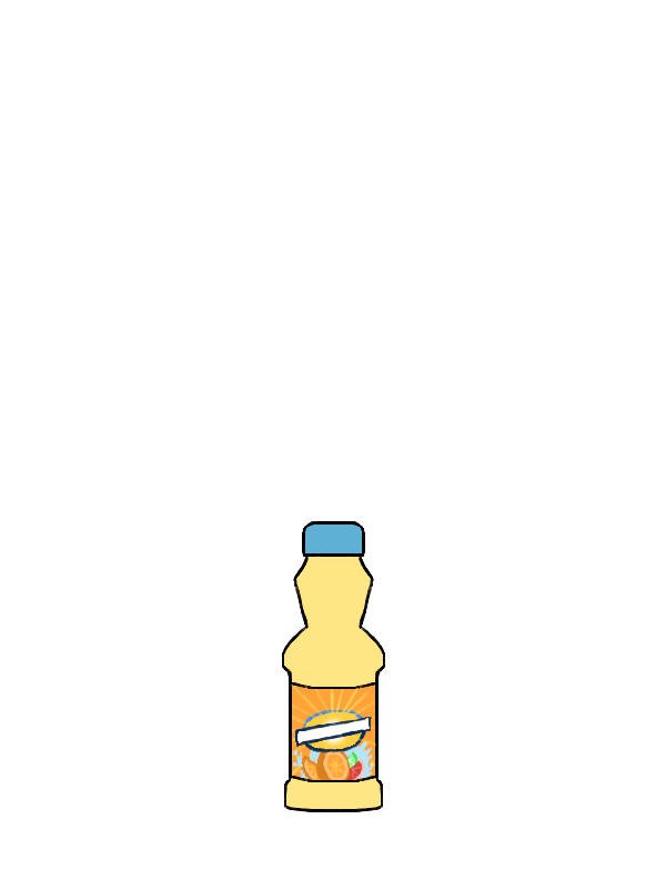 A small, light yellow bottle with a blue cap. The paper wrapped around it has a blue circle with light rays radiating out of it above some orange, lime, and grapefruit slices.