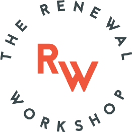the renewal workshop logo. it is circular in shape, the words 'the renewal' printed in a circular curve at the top and 'workshop' in a circular curve at the bottom. the main logo in the middle is a print of the capital initials 'RW' in red