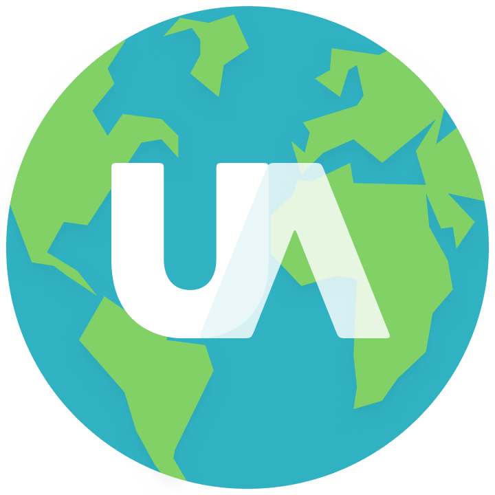 mit undergrad association of sustainability logo, a cartoonish planet earth with the capital initials 'UA' printed in the center