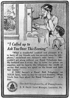 Bell Telephone Co. ad from 1912 with text: "I called up to ask you over this evening."