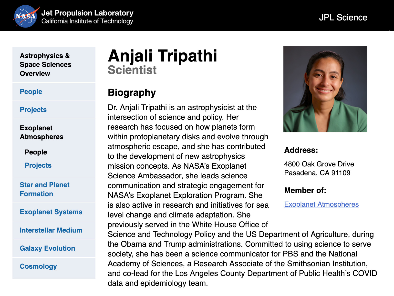 NASA JPL Science bio