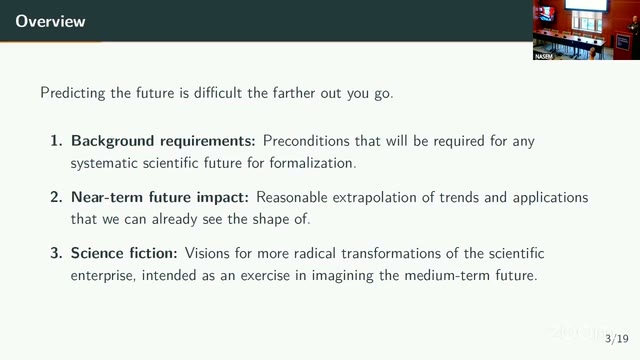 Blumberg's "Overview" slide, laying out the three-tier structure: background requirements, near-term future impact, and science fiction.