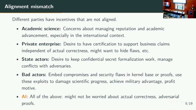 Blumberg's "Alignment mismatch" slide: academic science, private enterprise, state actors, bad actors, and a fifth category — AI — "might not be worried about actual correctness, adversarial proofs."