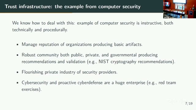 Blumberg's "Trust infrastructure: the example from computer security" slide: managed reputation, a public/private/governmental community producing recommendations (e.g., NIST cryptography), a private security industry, and red-team exercises.