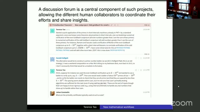 A Zulip discussion forum for a formalization subproject, with Terence Tao, Harold Helfgott, and Johan Commelin discussing an Odd Goldbach verification strategy.