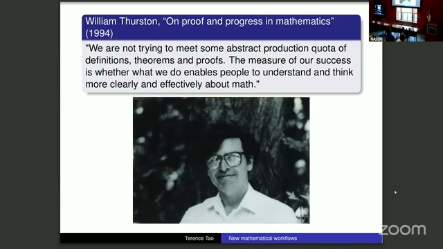 Tao's slide quoting William Thurston, "On proof and progress in mathematics" (1994): "We are not trying to meet some abstract production quota of definitions, theorems and proofs. The measure of our success is whether what we do enables people to understand and think more clearly and effectively about math."