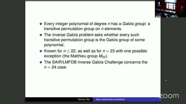 Tao's slide on the inverse Galois problem: known for n ≤ 22 and for n = 23 with one possible exception (the Mathieu group M23); the SAIR/LMFDB Inverse Galois Challenge concerns n = 24.