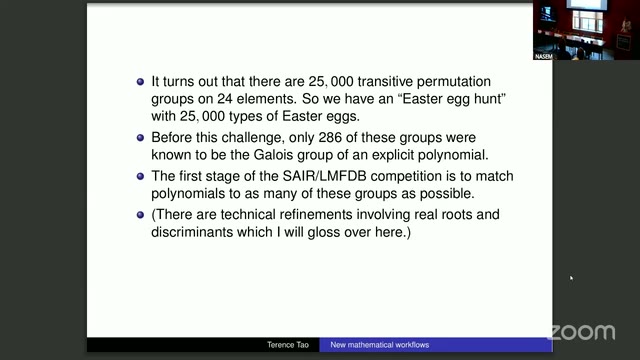 Tao's slide: 25,000 transitive permutation groups on 24 elements ("25,000 types of Easter eggs"), only 286 known as the Galois group of an explicit polynomial before the challenge.