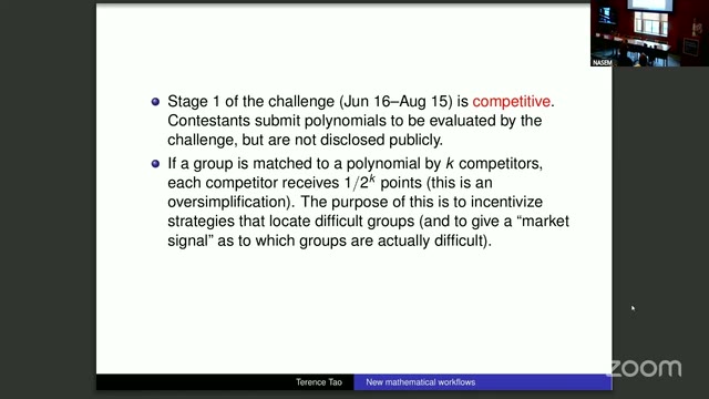 Tao's slide: Stage 1 (Jun 16–Aug 15) is competitive; a group matched by k competitors splits into 1/2^k points each, to incentivize finding difficult groups and signal which groups are actually hard.