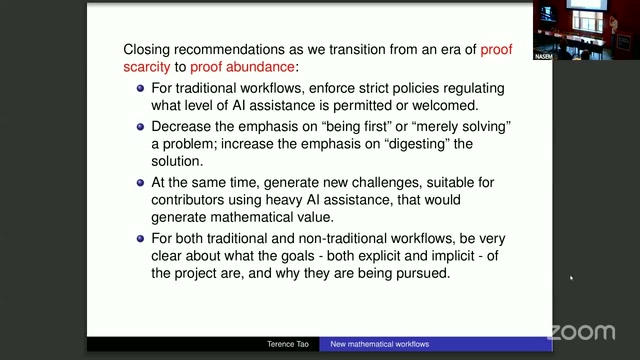 Tao's closing-recommendations slide: transitioning from proof scarcity to proof abundance, with policies on AI assistance, de-emphasizing "being first," and new challenges suited to heavy AI use.