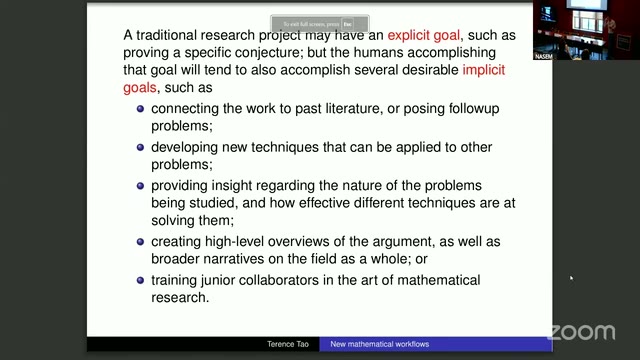 Tao's slide listing the implicit goals of a traditional research project, beyond the explicit conjecture-to-prove.