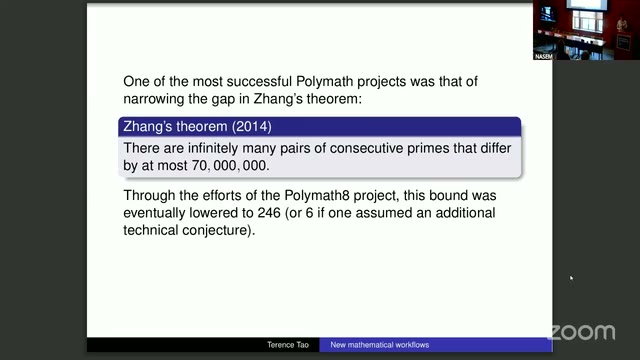 Zhang's theorem (2014) slide: infinitely many consecutive prime pairs differing by at most 70,000,000, lowered by Polymath8 to 246 (or 6 under an additional conjecture).