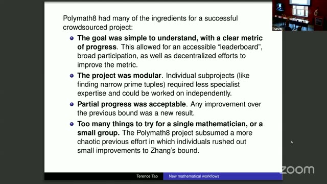 Tao's slide listing the four ingredients of a successful crowdsourced project: simple goal with a clear metric, modularity, acceptable partial progress, and too many things to try for one person.