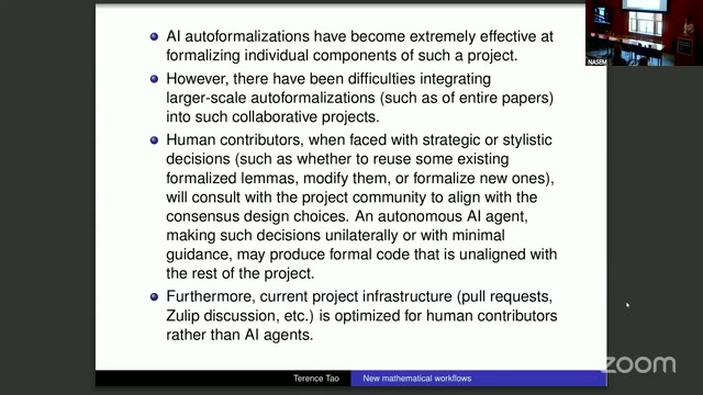 Tao's slide on autoformalization: AI is effective at individual components but struggles with larger-scale integration, and project infrastructure (pull requests, Zulip) is optimized for human contributors rather than AI agents.
