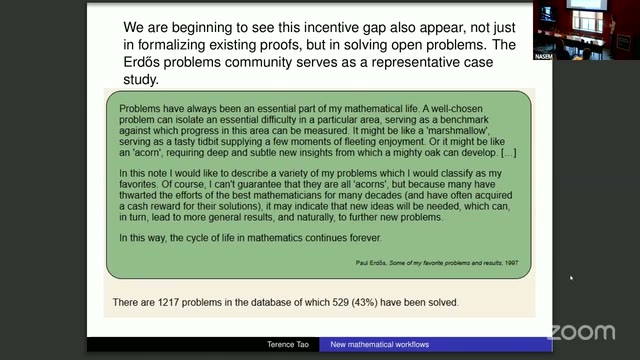 Tao's slide quoting Erdős on his own problem list, with the database tally: 1,217 problems, 529 (43%) solved.