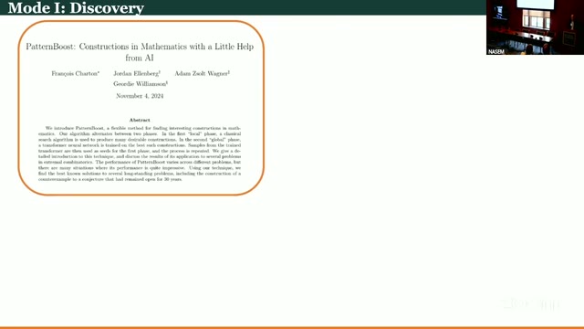 The PatternBoost paper's title slide: Charton, Ellenberg, Wagner, and Williamson.