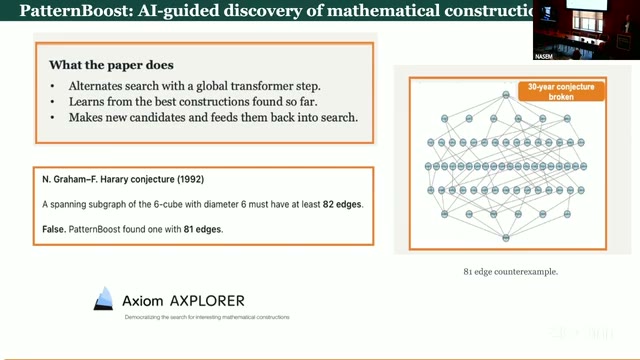 The Graham–Harary conjecture (82 edges) versus PatternBoost's 81-edge counterexample, plus Axiom's free Axplorer tool.