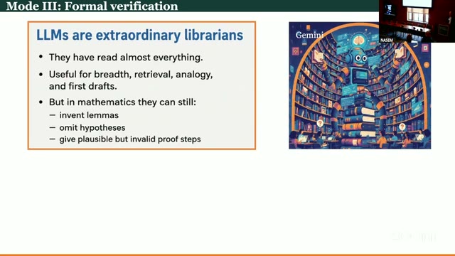 Ono's "LLMs are extraordinary librarians" slide, with the Gemini-generated library/robot illustration.