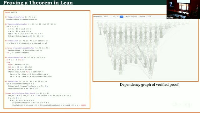 Ono's "Proving a Theorem in Lean" slide: raw Lean/Mathlib code alongside the dependency graph of a verified proof.