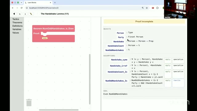 The initial goal state: objects, assumptions, and the still-open goal `Even NumOddHandshakes`.