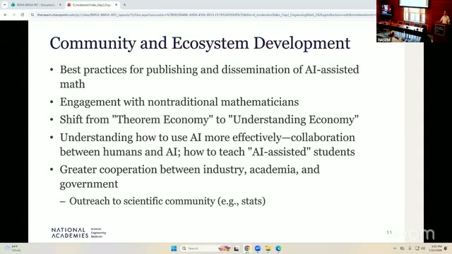 The "Community and Ecosystem Development" report-out slide, listing the six thematic bullets discussed below. The specific examples Pat mentioned — the OpenAI distance-conjecture case, and Levent Alpöge and the Jacobian conjecture — were spoken from the floor and are not on the slide.