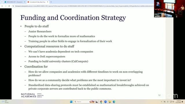 The "Funding and Coordination Strategy" report-out slide, on screen through the report and the floor debate below. It confirms "CalCompute" and the three-bin structure (People / Computational resources / Coordination); the SIAM exchange below was floor discussion, not on the slide.