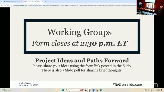 The only slide shown during the breakout announcement — a generic "Working Groups" splash with the Slido/Google-Form logistics. It stayed on screen, unchanged, through the whole 04:33–04:36 setup.